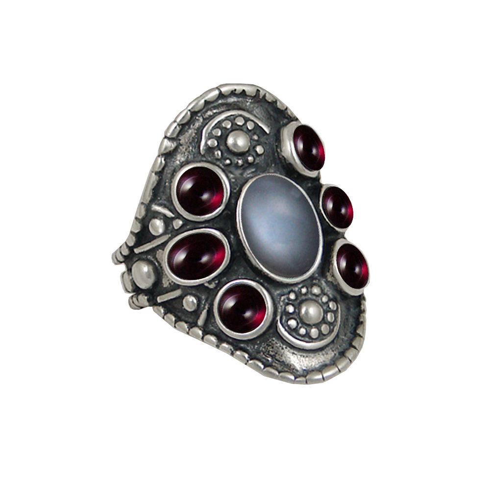 Sterling Silver High Queen's Ring With Grey Moonstone And Garnet Size 6